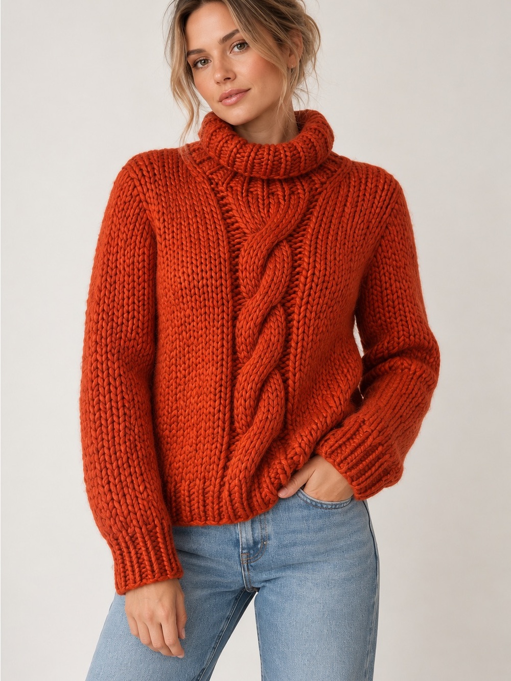Hand knit Chunky Cable Turtleneck Sweater Burnt Orange S/M